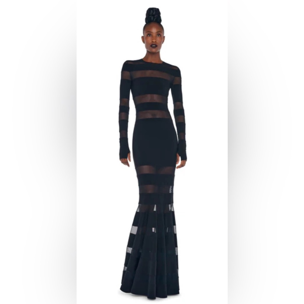 Norma Kamali Black Sheer Striped Gown